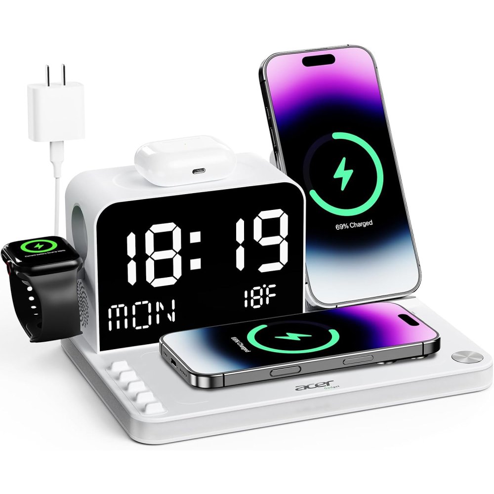 Wireless charging Acer 7-in-1 Wireless Charging Station with LED Clock - 30W Fast Wireless Charger for iPhone 16/15/14/13/12/Pro Max, Apple Watch, AirPods - Bluetooth Auto Time Sync & Night Lights (White) - Image 1