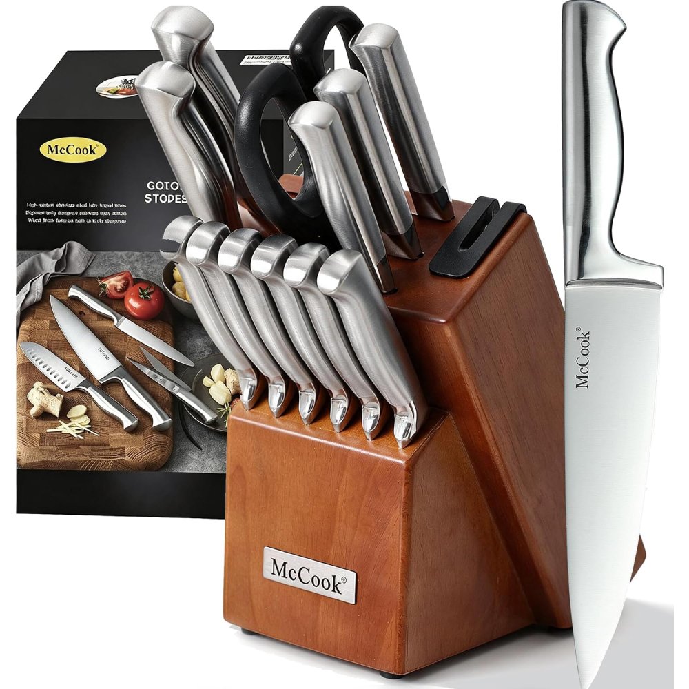New Project (3) McCook Kitchen Knife Set 15PC Knife Block Set w Built-in Sharpener - Image 1