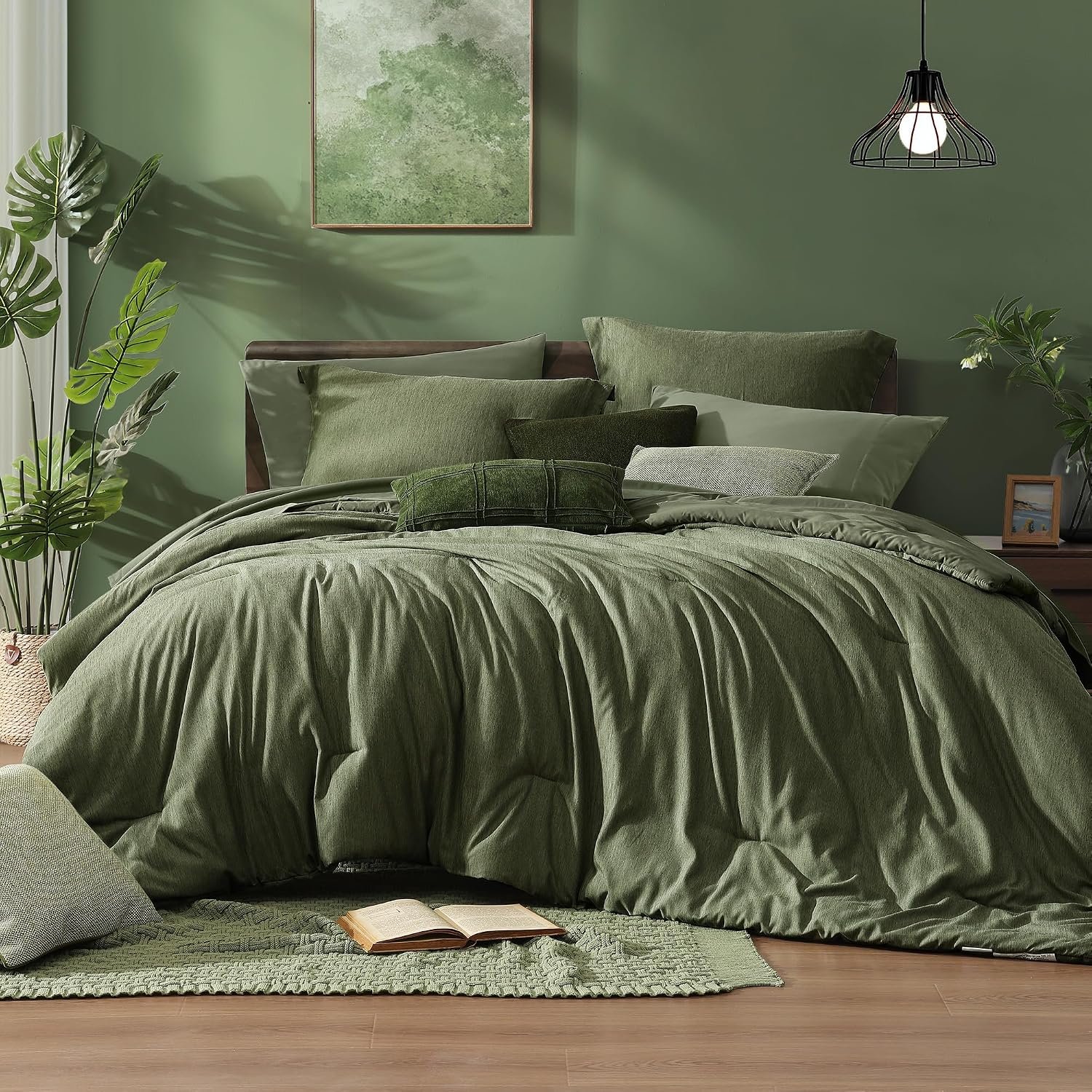 Comforter Monbix King Size Comforter Set Olive Green 7 Pieces Bed in a Bag - Image 1
