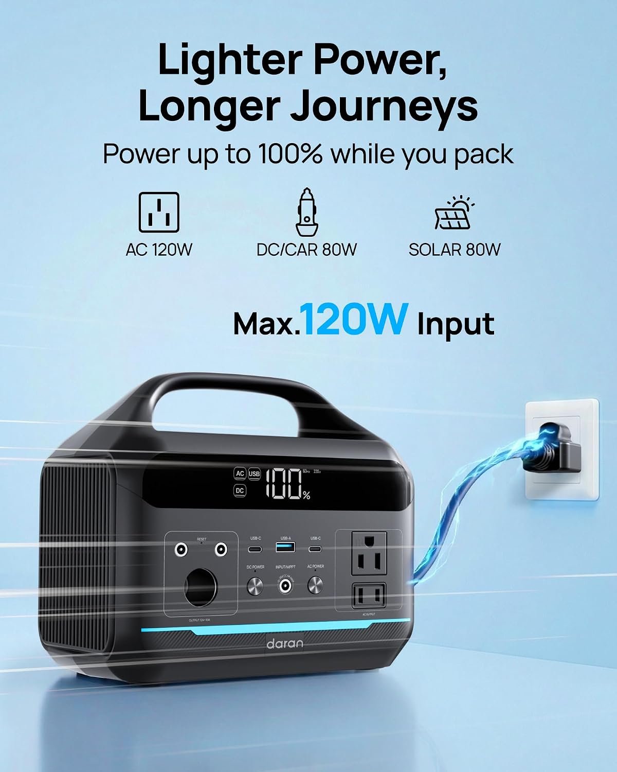 Power station1 Daran Portable Power Station 600W with 80W Solar Panel, 288Wh LiFePO4 Solar Generator, Dual AC Outlets, 100W USB-C PD, Fast Recharge for Camping, RV, Power Outage, Emergency Backup - Image 1