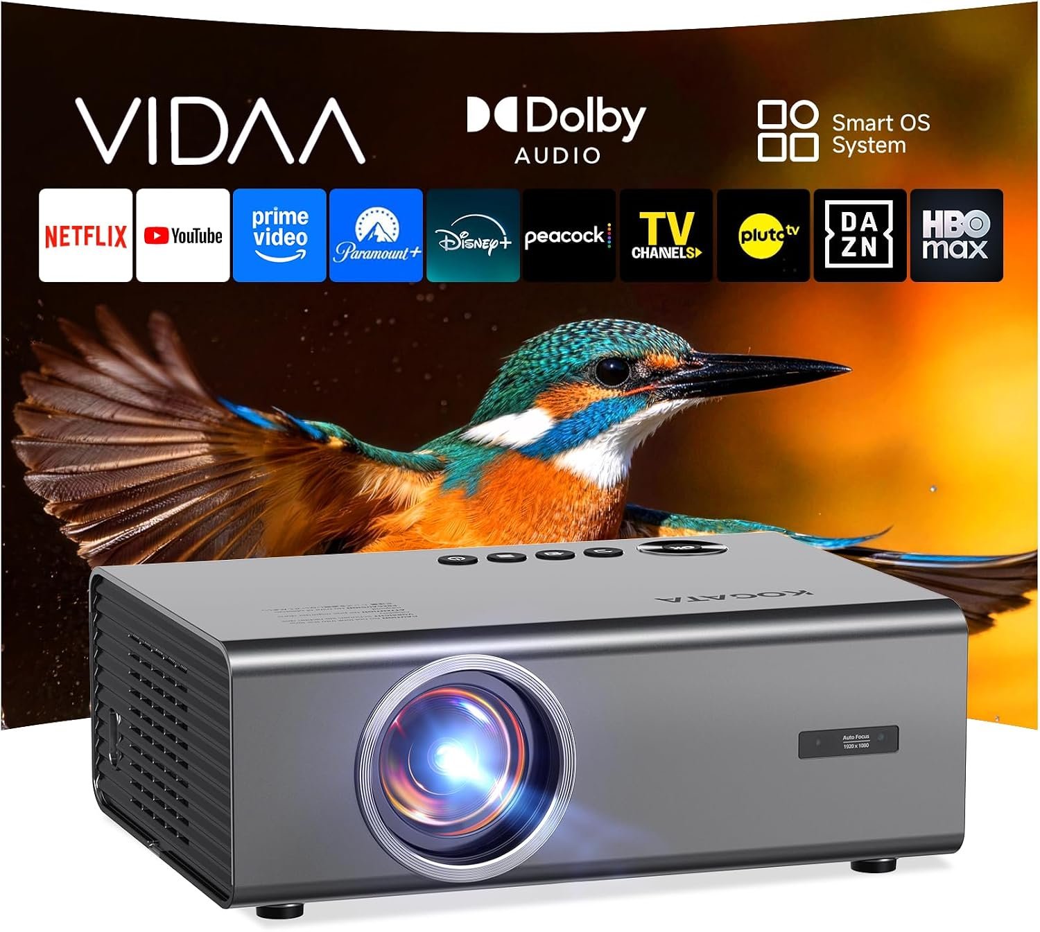 Projector Smart Projector-4K with Wifi Bluetooth, AI Auto Focus Keystone Outdoor Home Theater VIDAA Movie Projector Built-in Apps, 60W Dolby, Airplay, Voice Control, Live TV, Ceiling, Gaming, Camping - Image 1