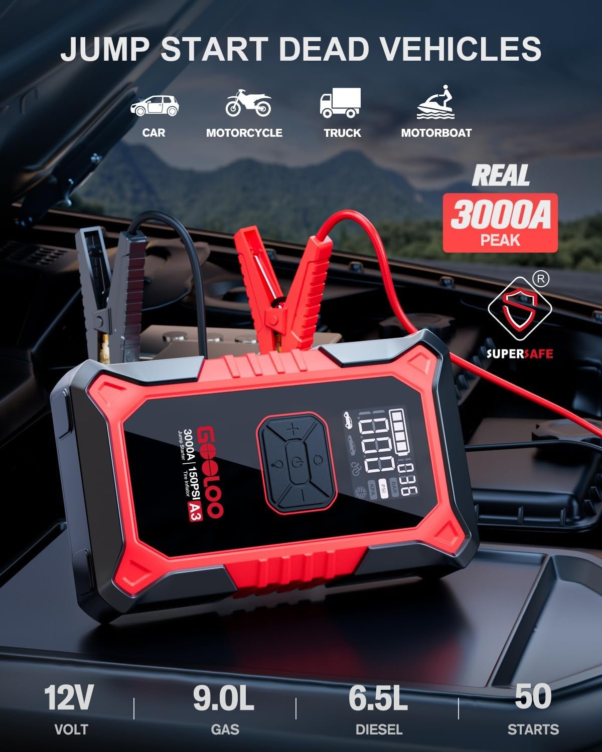 jump Box GOOLOO A3 12V 3000A Portable Jump Starter with Air Compressor - Image 1